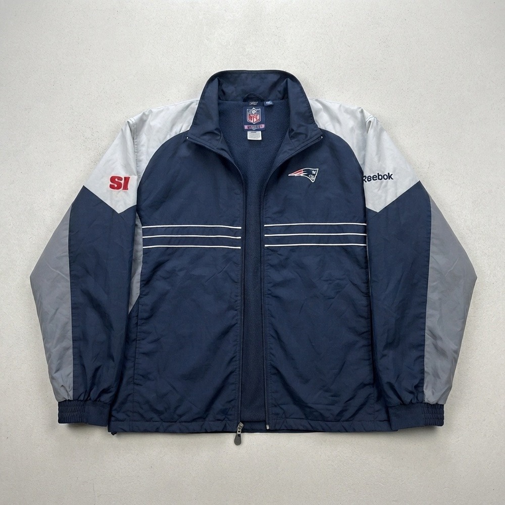 VINTAGE Reebok New England Patriots Windbreaker Jacket NFL SI Navy Grey Large